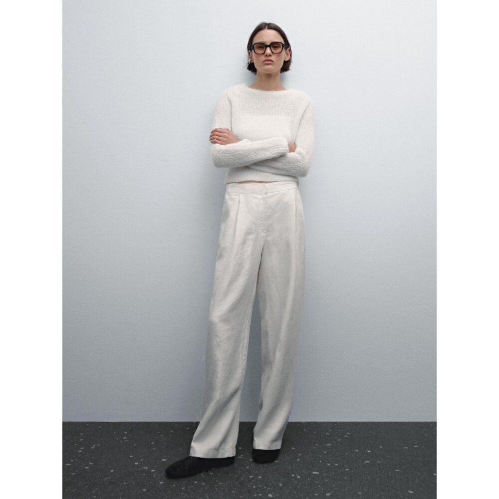 Zara Womens Pants Large L White High Rise Pleated Trousers 9929/224 NWT